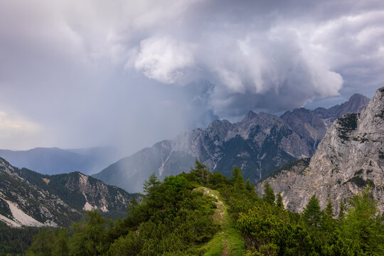 Thunderstorm Approaching Vr&scaron;ič Pass in the Julian Alps, Slovenia