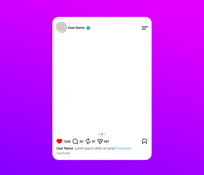 Instagram Post UI UX Template Mockup with Transparent Content Section, Profile, Feed, Like, Comment, Share and Save Buttons for Social Media App Interface Vector Illustration