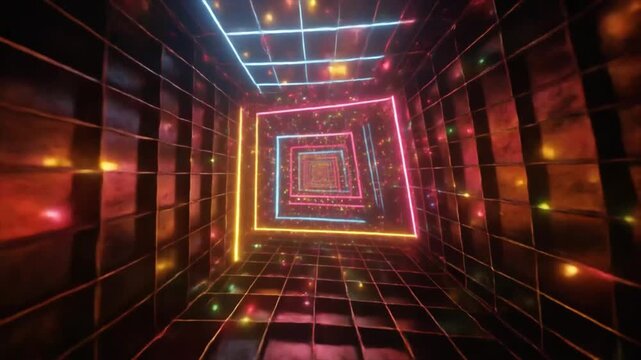 Abstract digital art of a glowing neon tunnel with square frames and colorful bokeh lights receding into the distance creating a sense of depth and movement