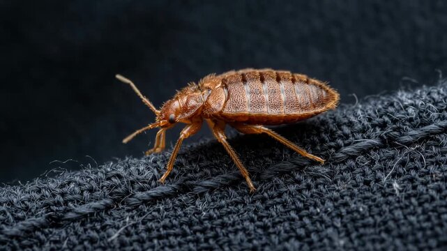 Bed bug crawling on dark fabric seam extreme macro