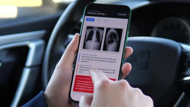 Close-up of a mobile clinical portal displaying a combined skeletal trauma diagnosis. Features thoracic assessment and rib fracture data. High-quality visual for medical education, insurance claims