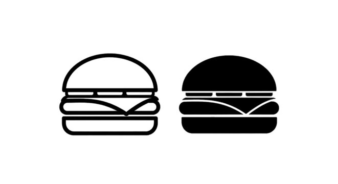 Minimal black silhouette icon, simple flat vector, bold black shape, no gradients, no shading set of two burger icons, one outline style and one solid black style on a, flat icon style