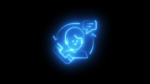 Glowing neon customer support icon animation isolated on a black background. Seamless looping icon featuring a support agent with a phone, speech bubble, and circular arrows