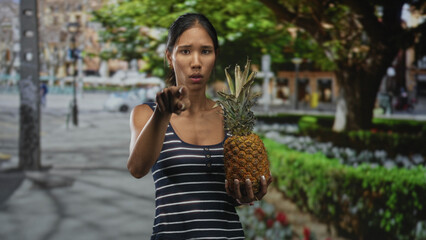 Fototapeta premium Thai woman holds a whole pineapple in her right hand, points forward with left index finger, standing near trimmed hedges and trees on a street; determination.