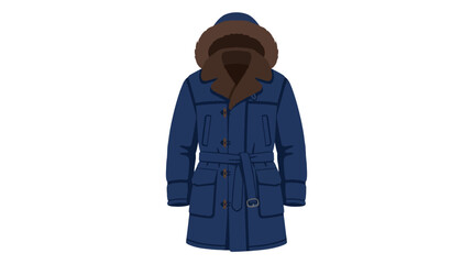 Blue heavy winter parka jacket with fur trimmed hood. © enla99