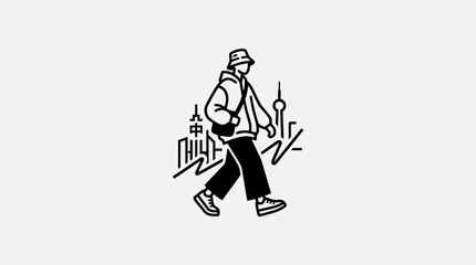 Line art of urban traveler walking past city landmarks. © enla99