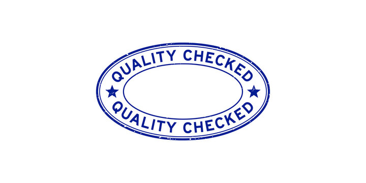 Blue quality checked stamp logo with stars on transparent background