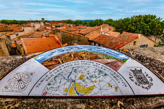 Rooftop viewpoint overlooking the historic town of Arles in Provence, France