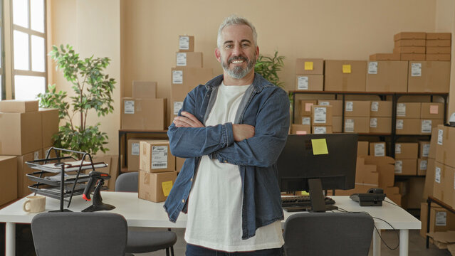 Man arms crossed in front of stacked parcels and a computer desk in an office building; entrepreneurial confidence.