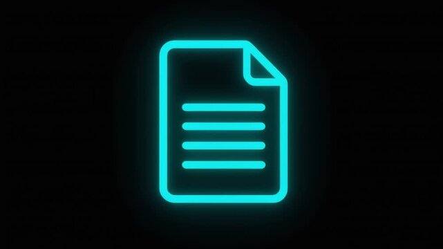 Cyan glowing icon of a document with lines on a black background file paper