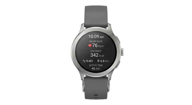 Smartwatch displays fitness data including heart rate, calories, steps, and distance