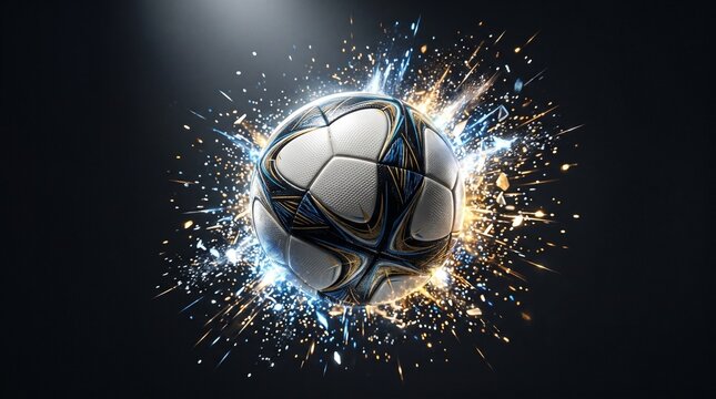Soccer ball exploding with colorful light sparks on black