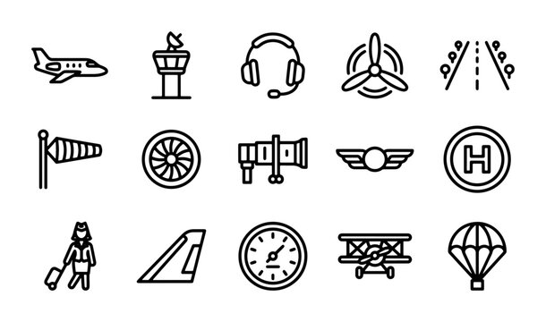 Airplane Icons Set, Aviation Symbols Collection, Travel & Airport Graphics, 15 Vector Elements