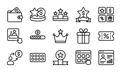Fototapeta premium Reward Icons Set, Loyalty Program Vector Graphics, Gift Voucher & Wallet Line Art Collection