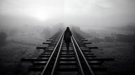 Obraz premium Foggy Railway Bridge Journey In Monochrome