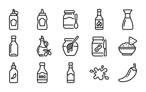 Condiment Icons Set: Sauces, Jars, Oils, Spices, Dips, Vector Graphics for Food and Cooking