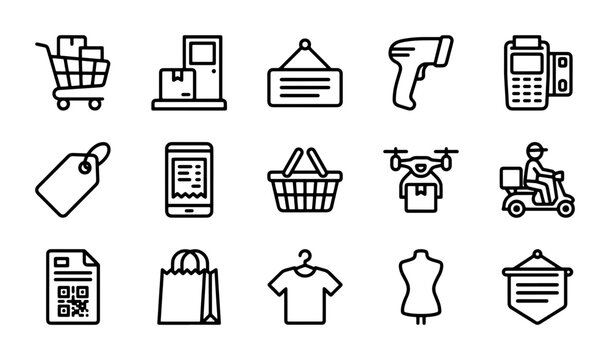 E-commerce Icons Set: Shopping Cart, Delivery Drone, POS Machine, Tag, Mobile Order