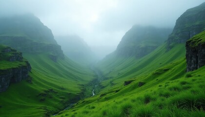 Fototapeta premium Green valley with steep, grass-covered slopes and a winding stream. Mist softens distant mountain peaks. Serene natural landscape evokes peacefulness and awe.