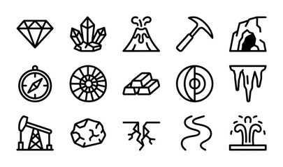 Geology Icons Set: Diamond, Crystals, Volcano, Pickaxe, Cave, Compass, Ammonite, Gold, Earth Core, Icicles, Oil Rig, Rock, Fault Line, River, Geyser © Designhoost Ltd