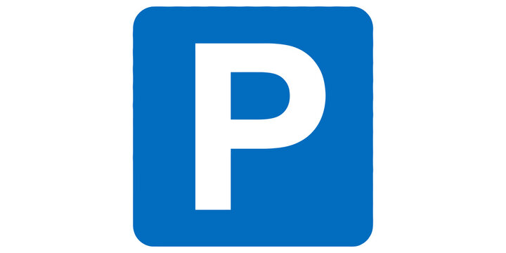 Blue parking sign board with white letter p symbol for traffic designation
