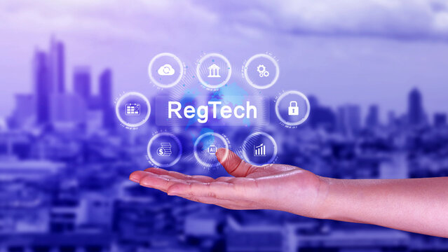 Regtech, Regulatory technology concept, management of regulatory processes with financial industry through technology, Regulatory monitoring, reporting and compliance, Machine learning tech.