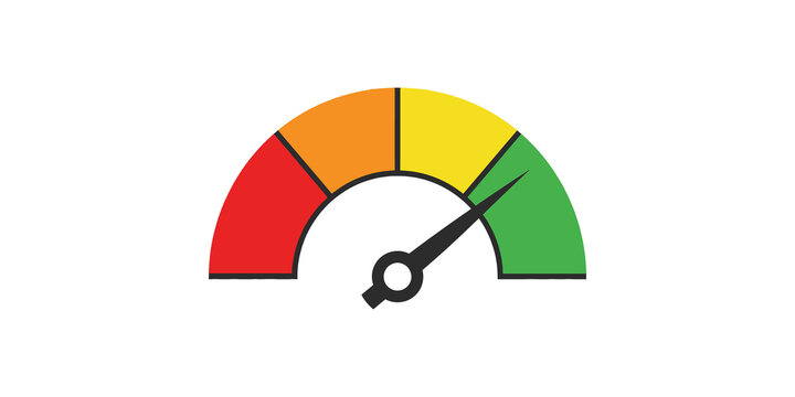 Color coded speedometer gauge icon indicating high performance rating isolated on transparent background