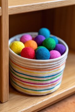 Child - safe calm basket with colorful felt balls on classroom shelf