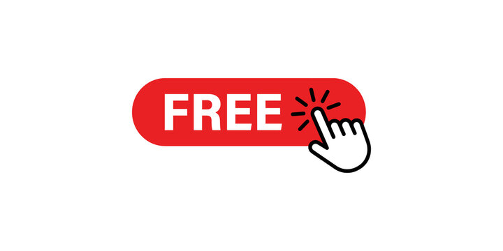 Red free button icon with hand cursor clicking pointer isolated on transparent background
