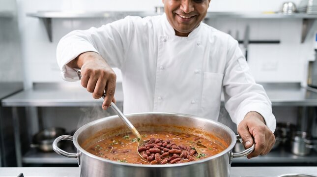 Indian chef making rajma, Kidney bean curry, Rich onion tomato gravy, Clean restaurant pan, Comfort food preparation