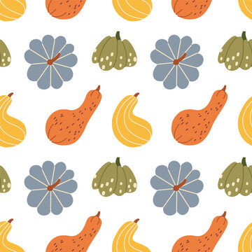 Seamless autumn pumpkin pattern in simple hand drawn style, flat vector fall gourd backdrop for thanksgiving textile and packaging