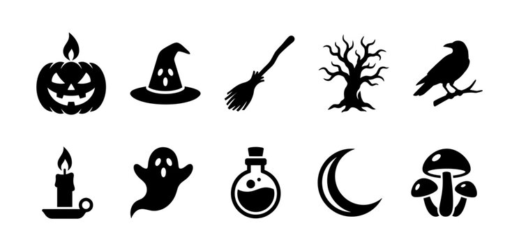 Black silhouette icons set including pumpkins witch hats broomsticks trees and potions.
