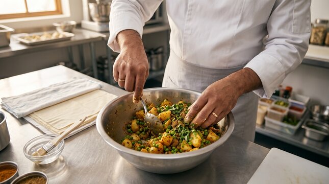 Indian chef making samosa, Spiced potato filling, Pastry sheets nearby, Clean overhead prep, Classic snack preparation