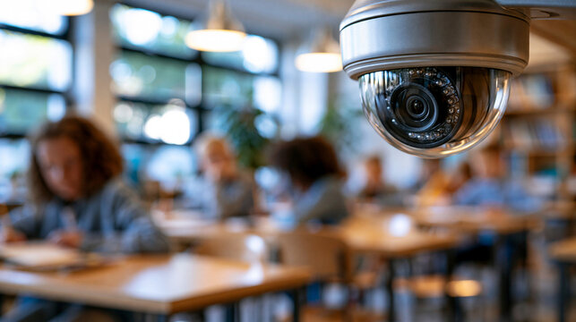 A CCTV camera softly monitoring a bright classroom to protect students during study candid safety concept school surveillance protection with copy space
