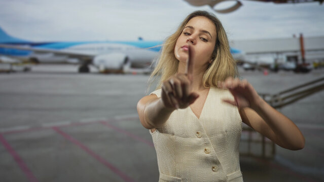 Blonde woman with bare arms crossed at airport terminal tarmac near parked jet, hand lifting hair and neutral gaze; annoyance rejection.
