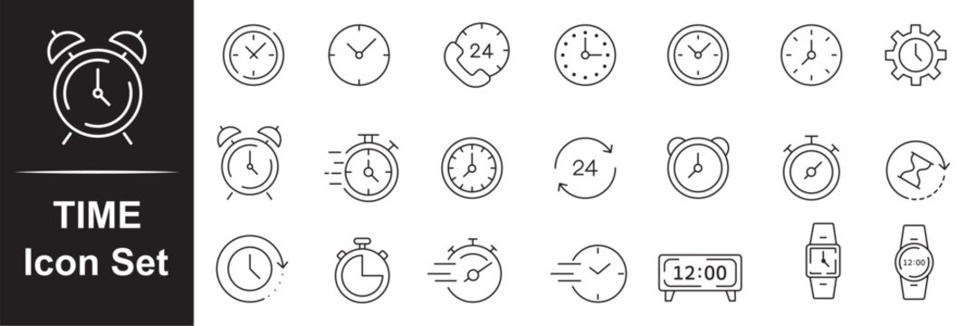 Timer, watch, speed, alarm clock. Clock and Time linear icons set. Time and clock icons in line style. alarm hourglass stop watch calendar worldwide time zone. Editable line icons. 