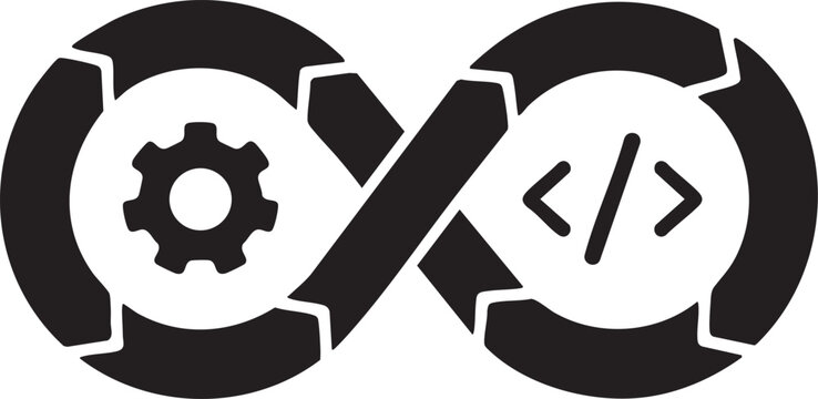 DevOps infinity loop icon with gear and code symbols representing continuous integration and delivery for software development isolated on white