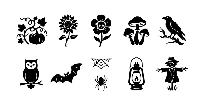 Spooky halloween silhouettes collection with pumpkin owl bat spider and autumn elements.