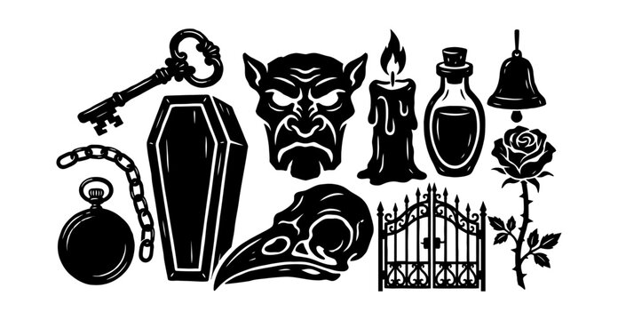 Gothic macabre icons with coffin gargoyle raven skull antique key and graveyard gate set.