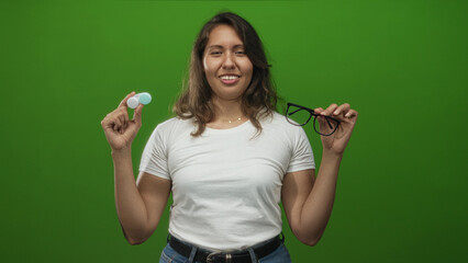 Fototapeta premium Woman holding a contact lens case and eyeglasses while squinting her eyes in a green studio setting showing indecision and comparison; playful choice.