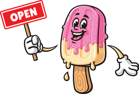 Popsicle cartoon mascot holding an open sign