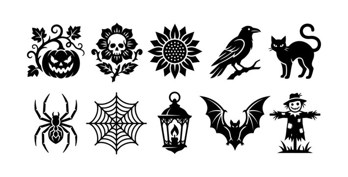 Decorative halloween silhouettes featuring black cat spider web lantern and floral skull.