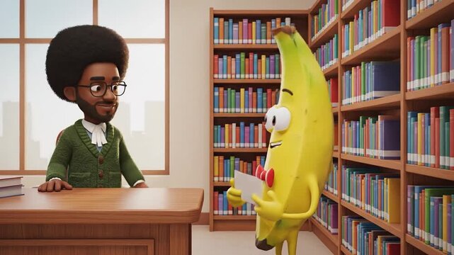 Middle-aged African American man with dark skin hands a paper to a cartoon banana in a library with tall bookshelves.