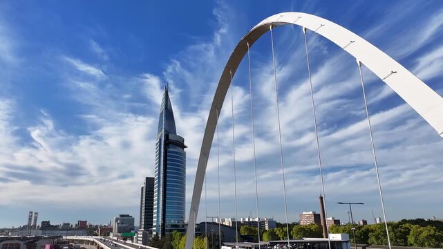 Modern Bridge In Montevideo Maldonado Uruguay. Traffic Is Moving Across A Modern Cable-Stayed Bridge. District Skyline. Urban Backgrounds. Montevideo Maldonado.