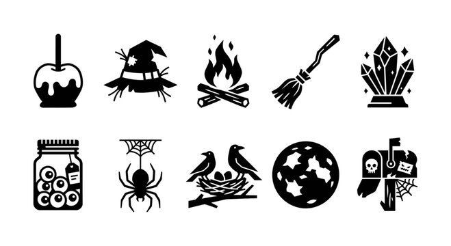 Set of halloween spooky black icons including candy apple witch hat bonfire and broom.