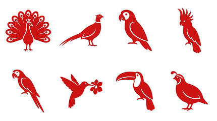 Red Bird Silhouettes: Peacock, Parrot, Toucan, Hummingbird, Pheasant, Cockatoo, Quail © adakami.art