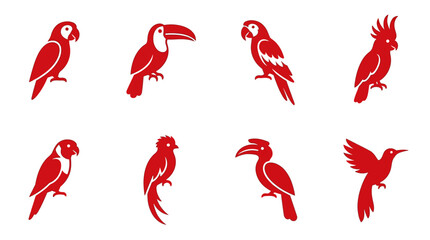 Set of Red Bird Silhouettes: Parrot, Toucan, Cockatoo, Hummingbird Icons © adakami.art