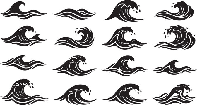 Ocean wave icons, black vector waves, sea swells, water graphics isolated on Transparent Background