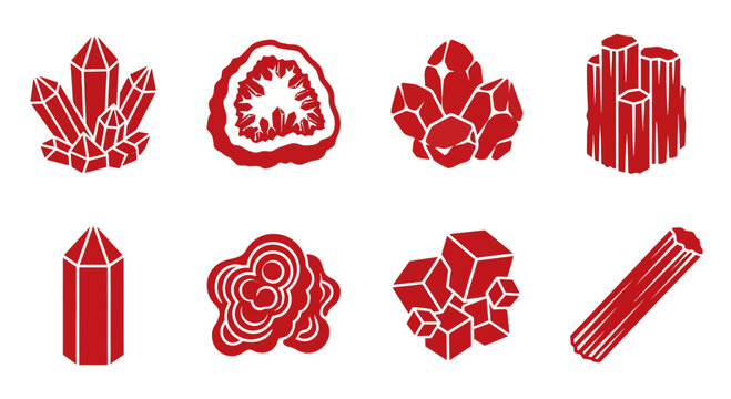 Collection of Red Crystal Icons and Geode Slice on White Background