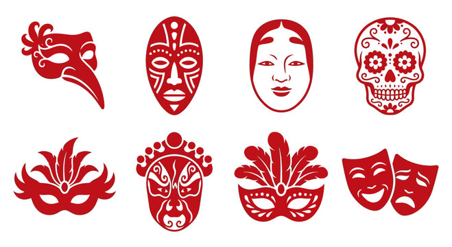 Collection of diverse red masks and skull for celebration, theater, and masquerade