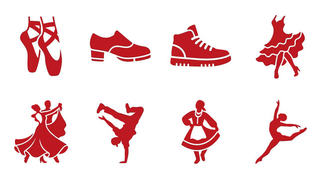 Diverse Footwear and Dance Styles Icons: Ballet, Casual, Sport, Tango, Breakdance, Folk, Modern